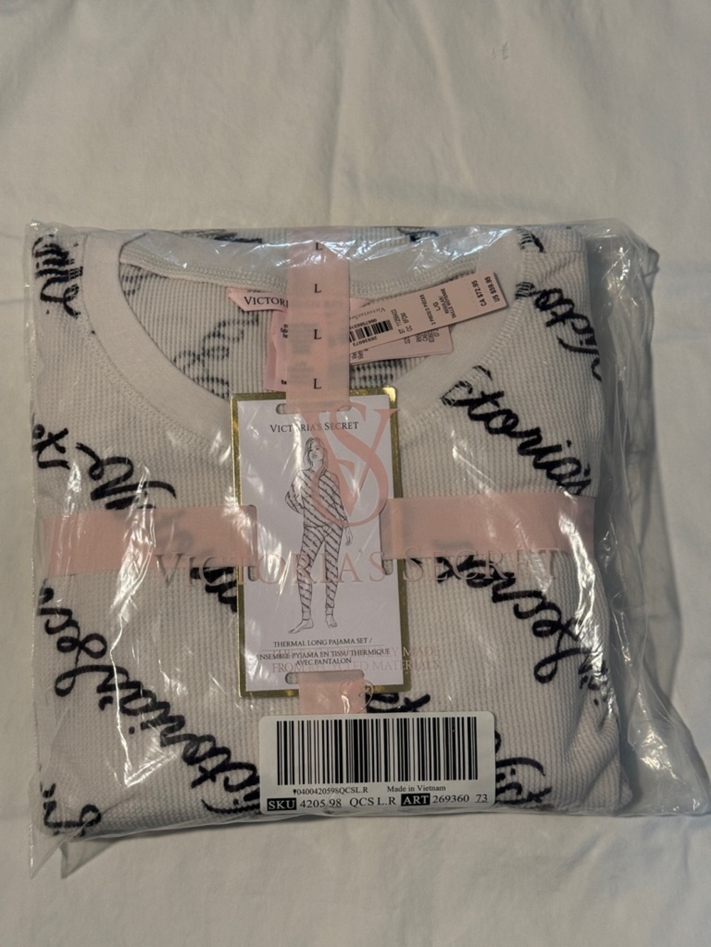 Victoria's Secret White Thermal Pajama Set with Black Script Logo